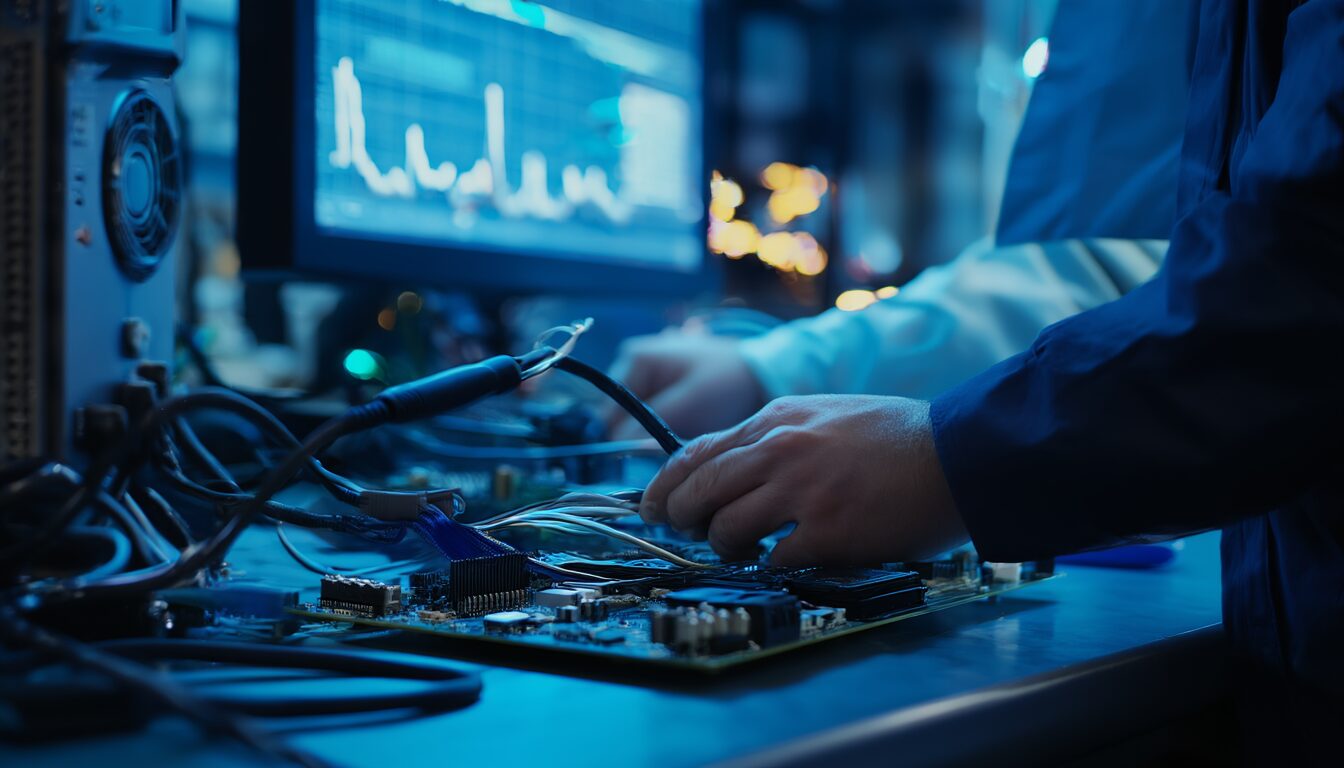 IT-Techniker analysiert einen Windows-Rechner am Werkbank-Arbeitsplatz, im Hintergrund ein Monitor mit Leistungsdiagrammen