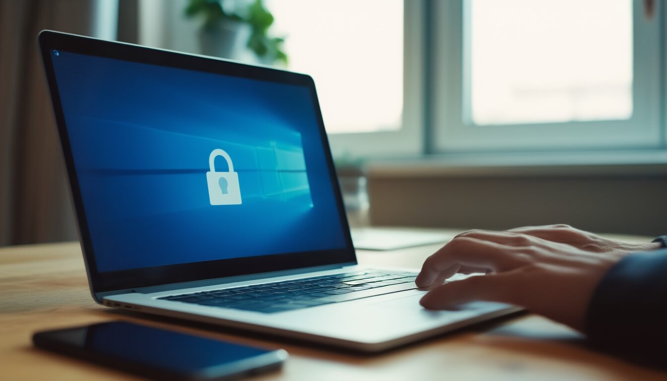 Laptop mit Windows-Anmeldebildschirm auf einem Schreibtisch, daneben Hände an der Tastatur und ein Smartphone