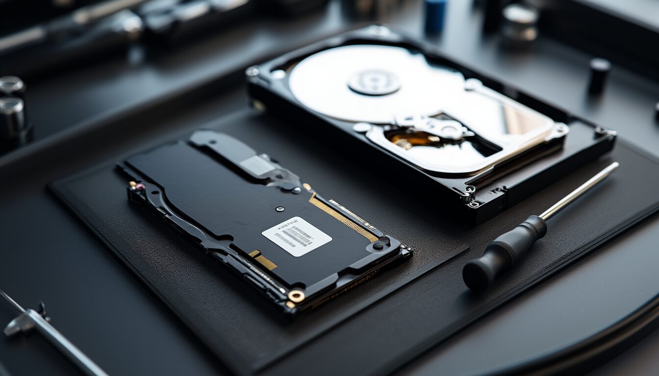 Geöffnete HDD-Festplatte neben einer M.2-NVMe-SSD auf einer Werkbank mit Schraubendreher