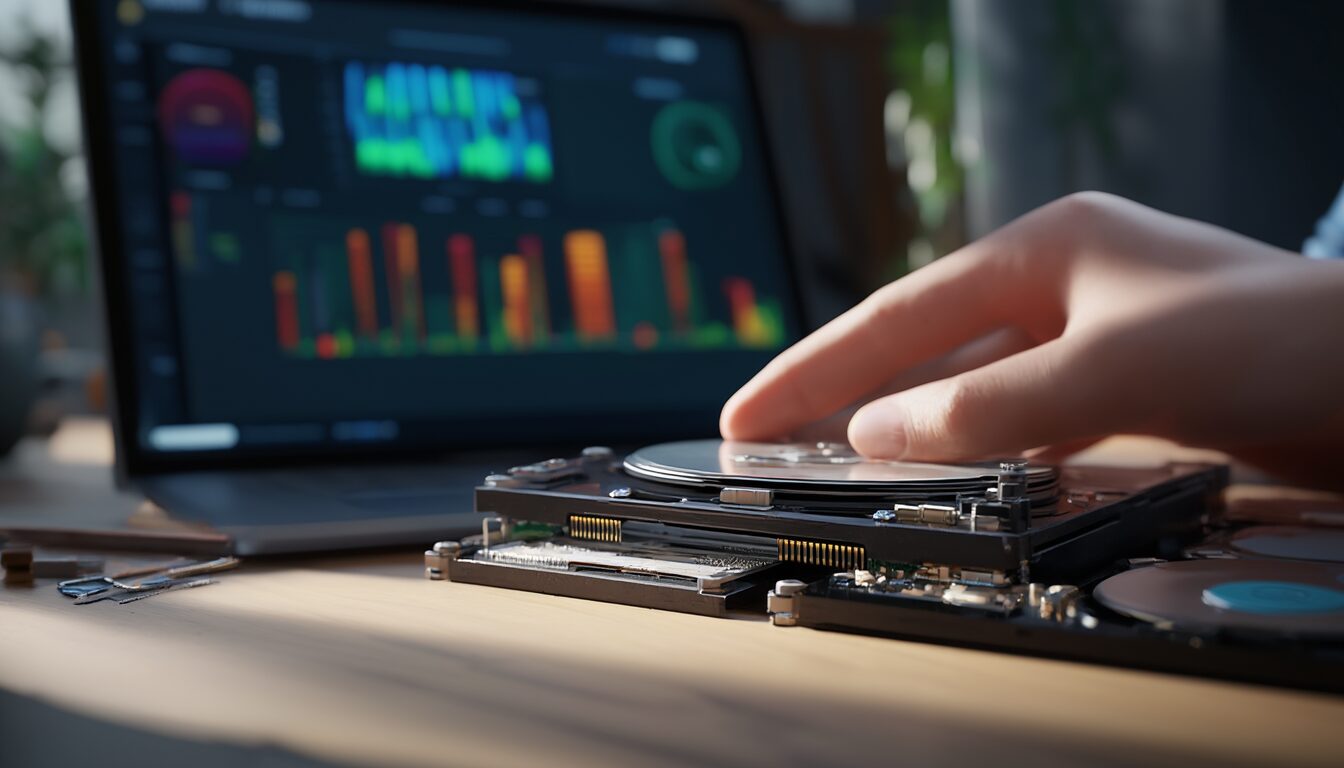 Eine SSD und eine Festplatte auf einem Werktisch, im Hintergrund ein Laptop mit Diagnose-Werten