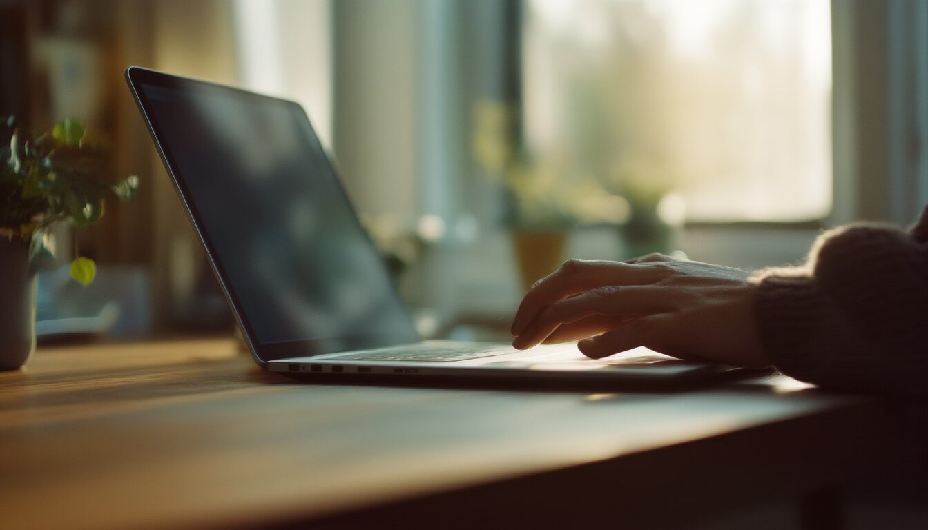 Laptop auf einem Schreibtisch mit eingefrorenem Browserfenster, daneben eine Hand am Trackpad