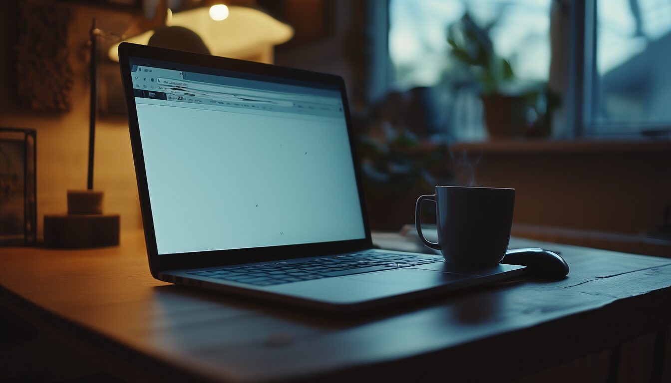 Laptop mit eingefrorenem, abgestürztem Browserfenster auf einem Schreibtisch