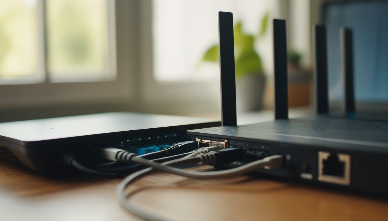 Router und Netzwerk-Switch mit Ethernet-Kabeln auf einem Schreibtisch neben einem Laptop als Sinnbild für Firewall-Einstellungen