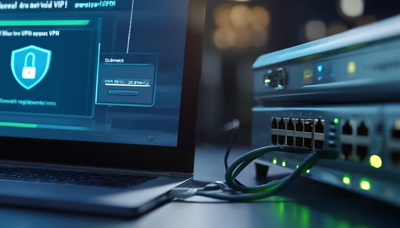 Laptop mit VPN-Verbindungsdialog neben einer Firewall-Appliance mit Status-LEDs auf einem Schreibtisch