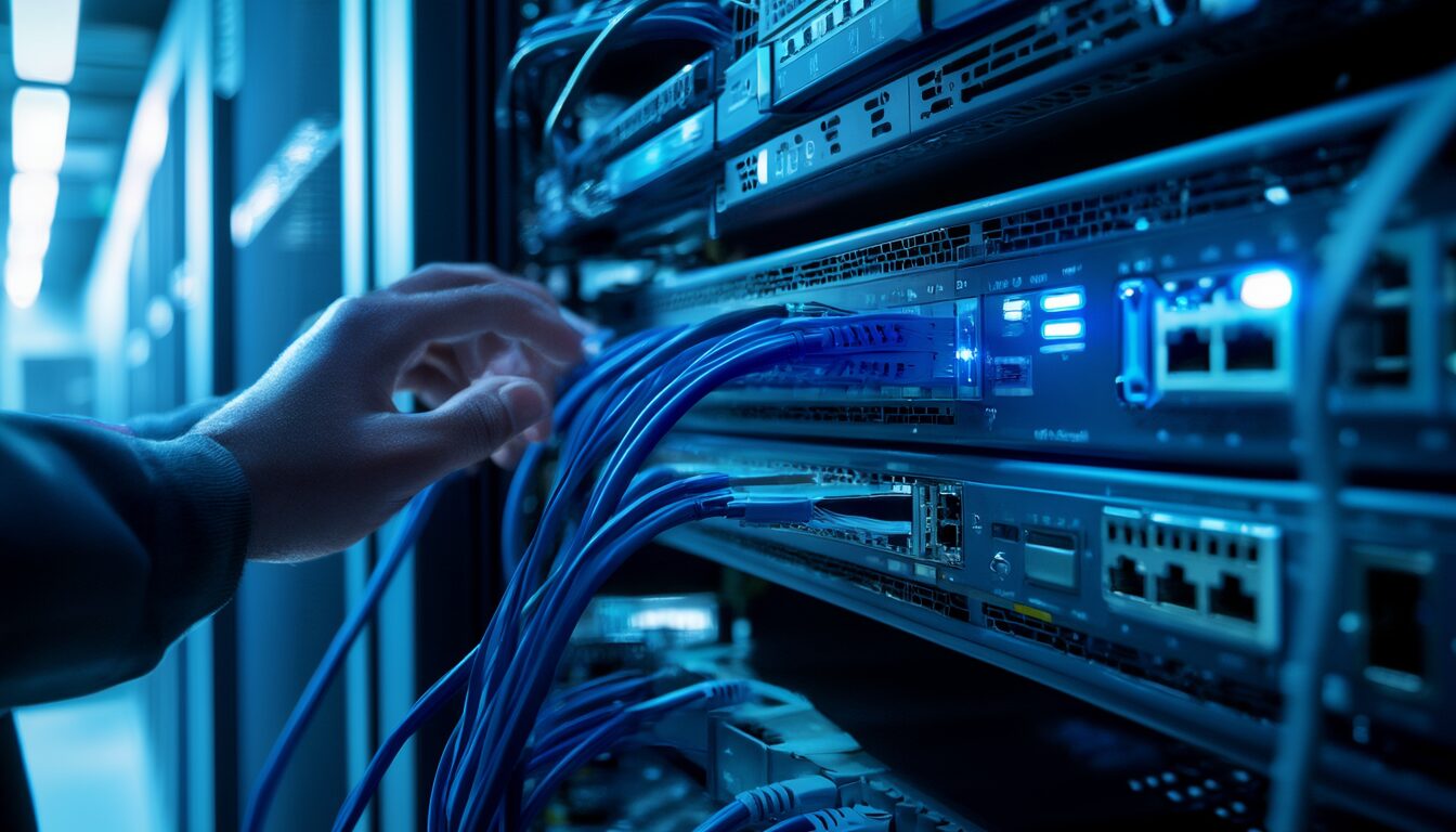 Firewall-Appliance im Serverschrank mit eingesteckten Netzwerkkabeln und blauen Status-LEDs