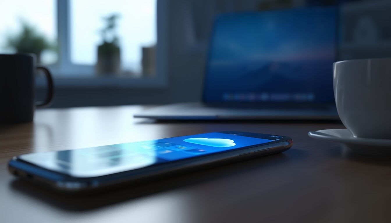 Smartphone in der Hand synchronisiert Fotos aus der Galerie-App in die Cloud auf einem Schreibtisch