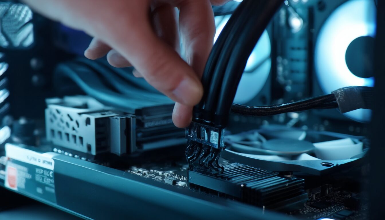 Hand steckt das 4-Pin-Kabel eines Gehäuselüfters auf den SYS_FAN-Anschluss eines Mainboards