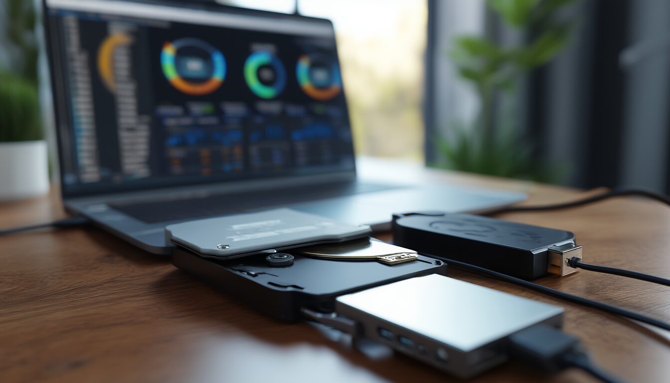 Externe Festplatte und USB-Stick am Laptop während einer Datenrettung