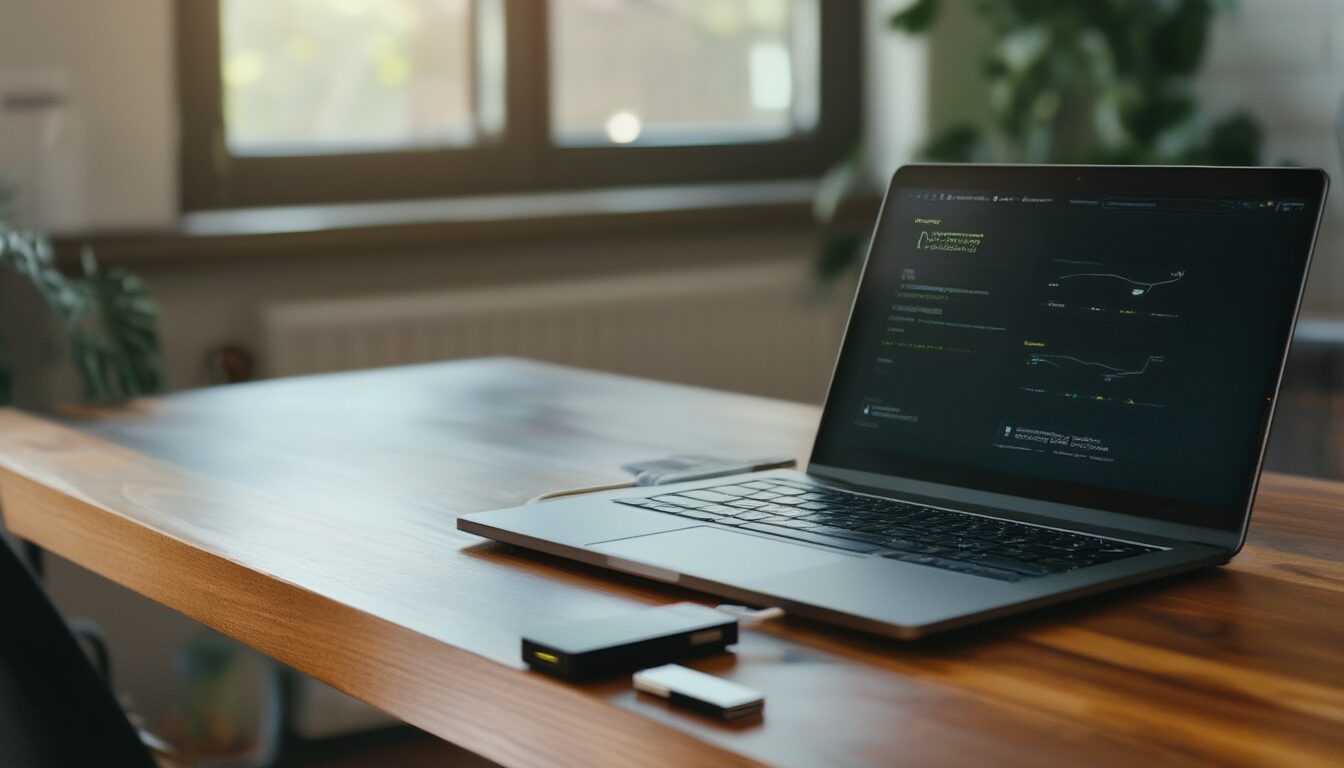 Laptop mit laufendem Datenrettungs-Scan, daneben externe Festplatte und USB-Stick zum Wiederherstellen gelöschter Dateien