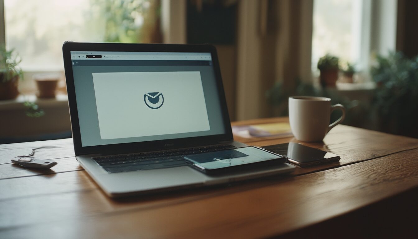Gmail-Verbindung weg? 7 Ursachen und wie du sie behebst 2 Laptop und Smartphone auf einem Schreibtisch mit ladendem E-Mail-Postfach und Verbindungsproblem