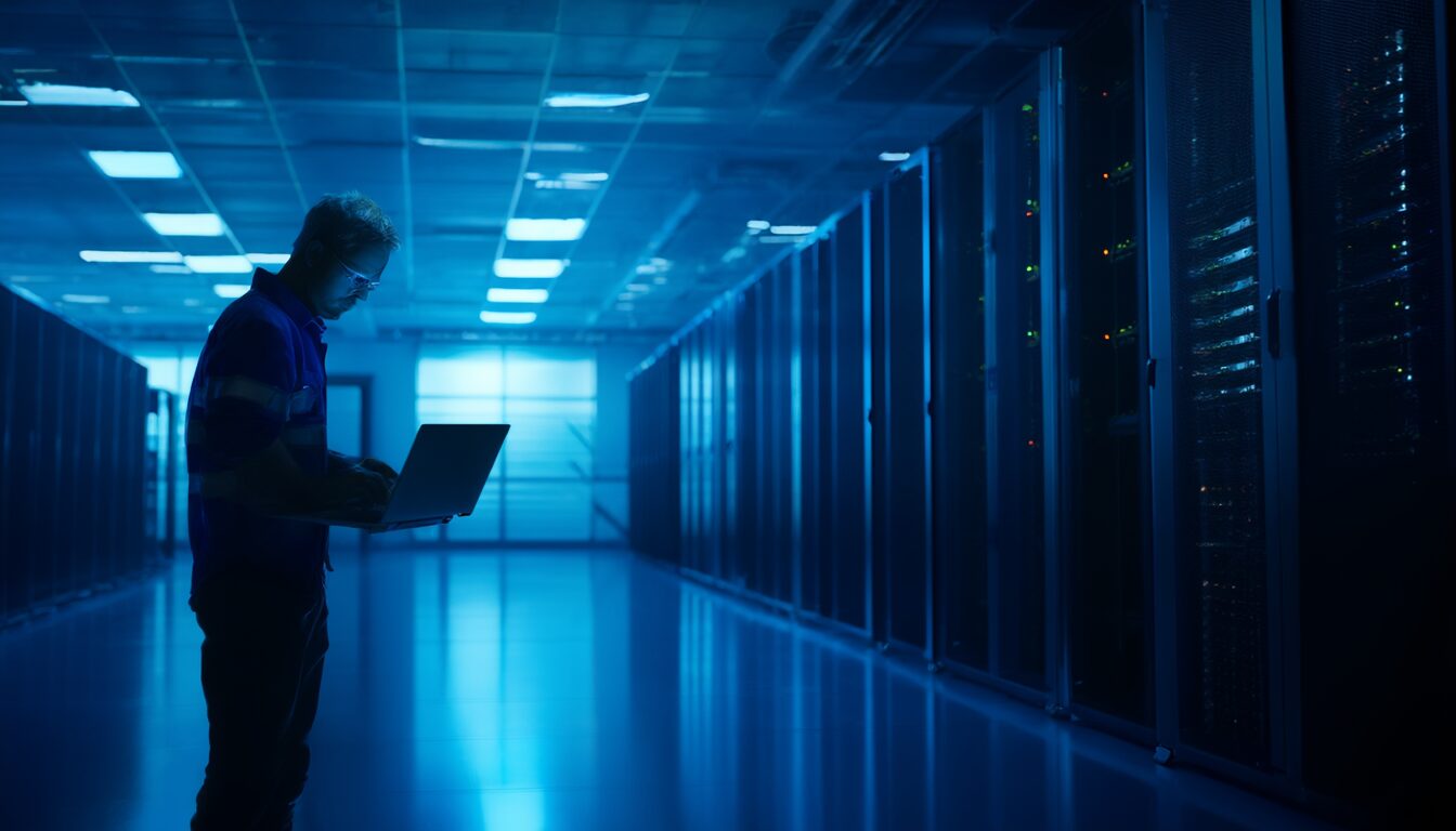 Netzwerktechniker prüft Zugriffsrechte in einem modernen Rechenzentrum – sichere Google-Cloud-Konfiguration