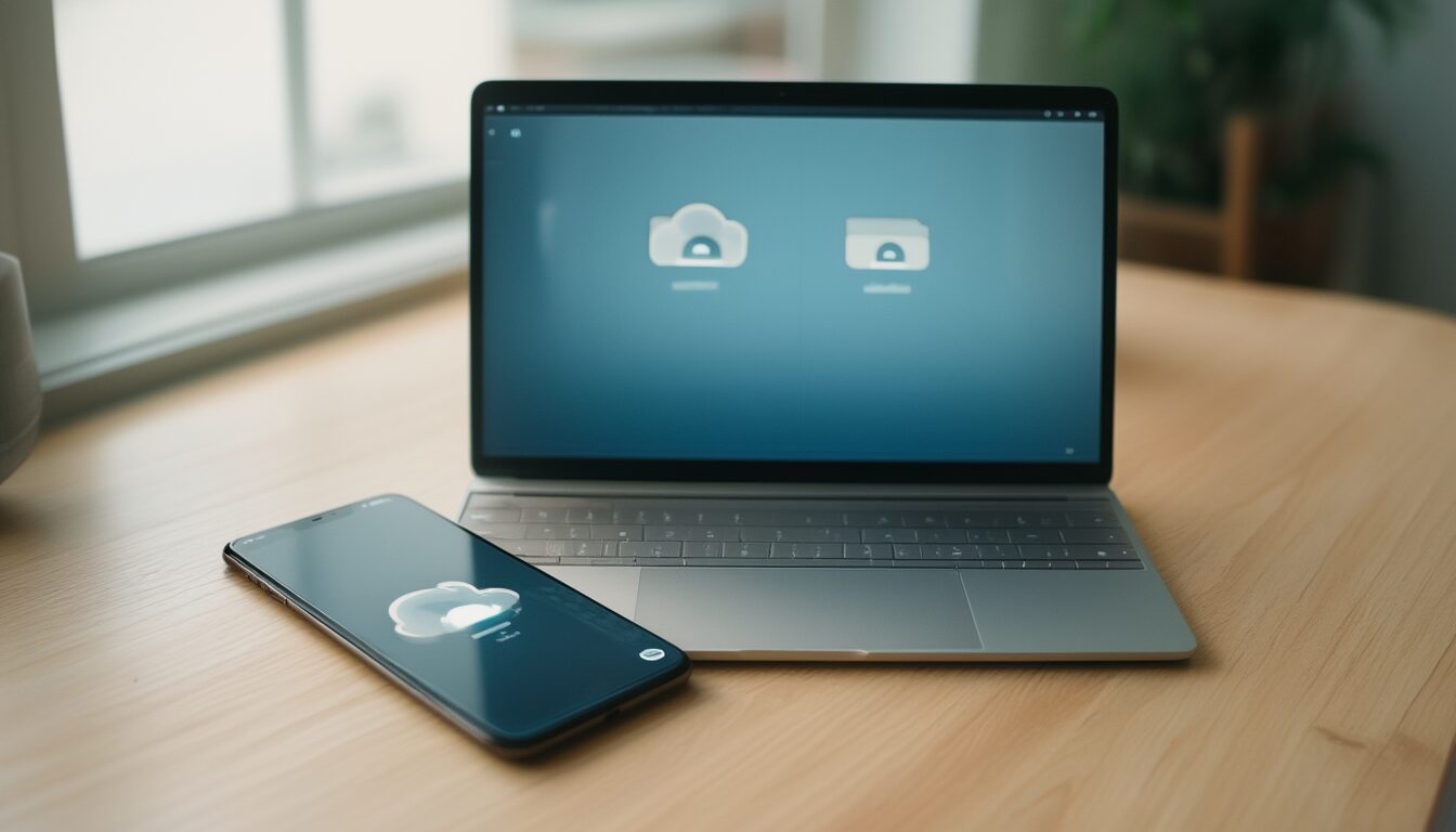 Smartphone und Laptop nebeneinander auf einem hellen Schreibtisch zeigen Cloud-Speicher-Symbole als Vergleich von Google Drive und iCloud
