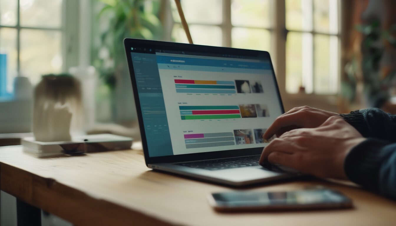 Smartphone und Laptop auf einem Schreibtisch zeigen einen fast vollen Cloud-Speicher mit vielen Fotos
