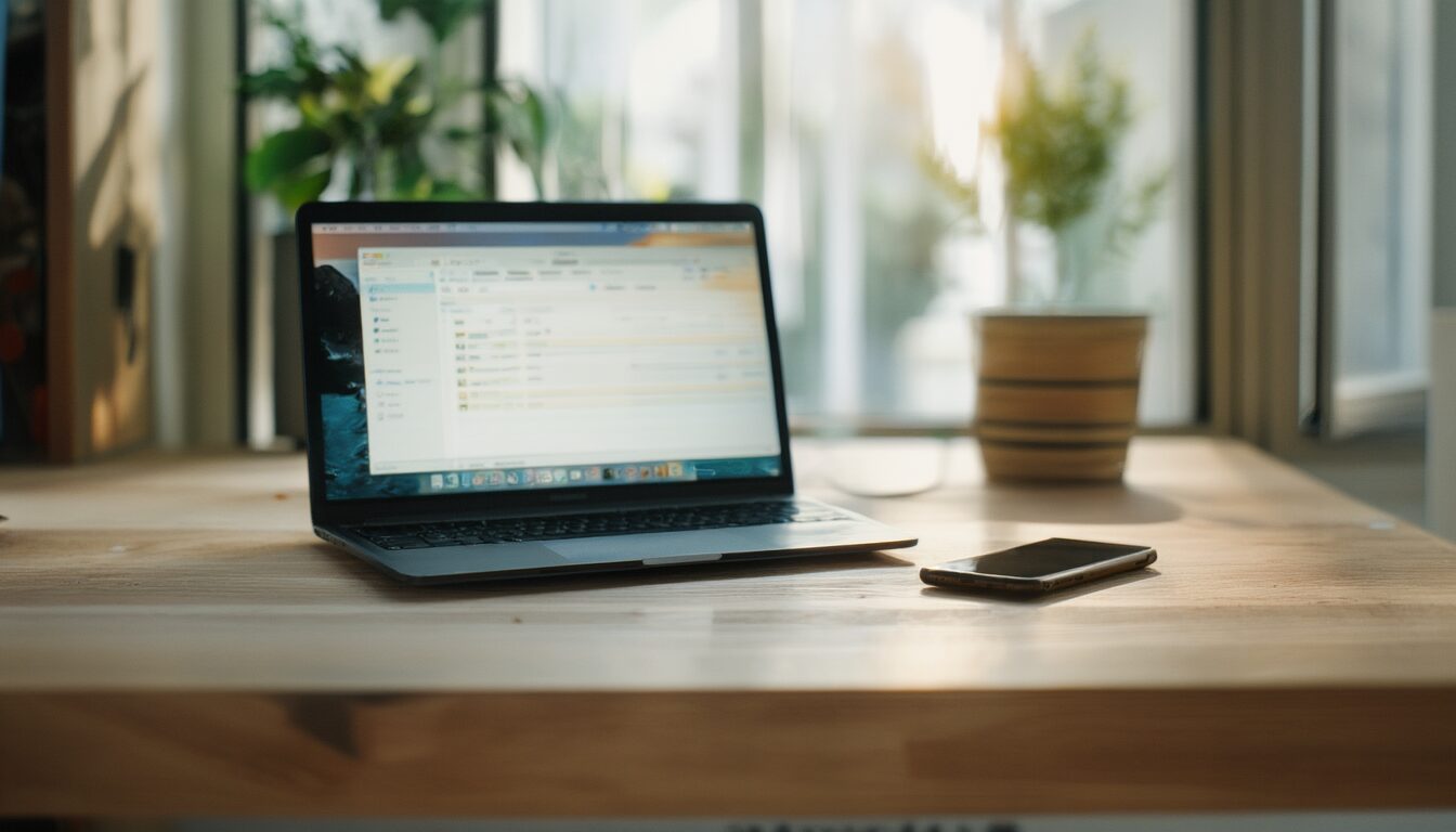 Laptop und Smartphone auf einem Schreibtisch beim Abgleich von Dateien über die Cloud