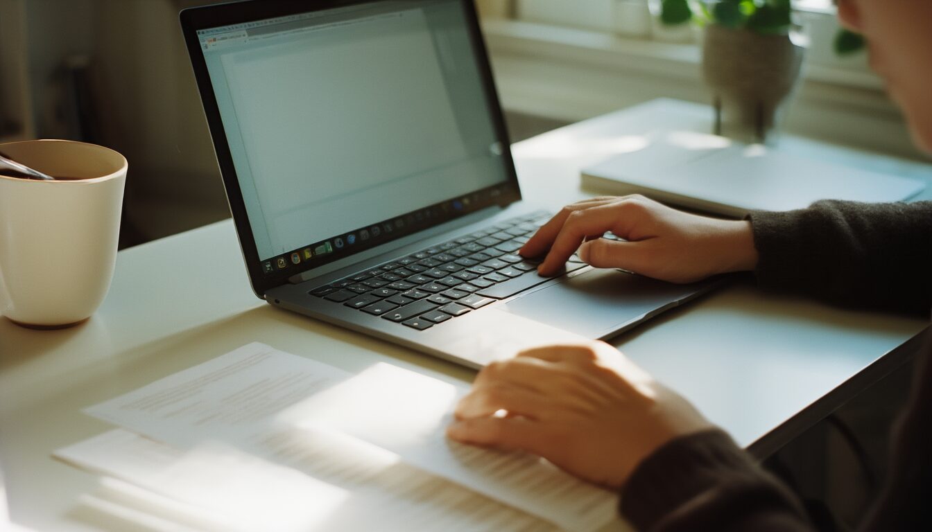Person lädt am Laptop eine Datei hoch, Hand zieht ein Dokument in Richtung Bildschirm