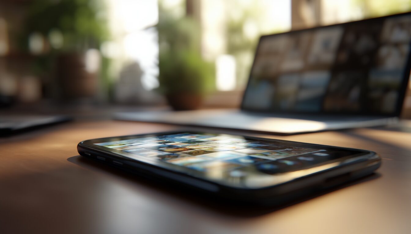 Smartphone in der Hand zeigt eine Foto-Galerie, im Hintergrund ein Schreibtisch mit Laptop