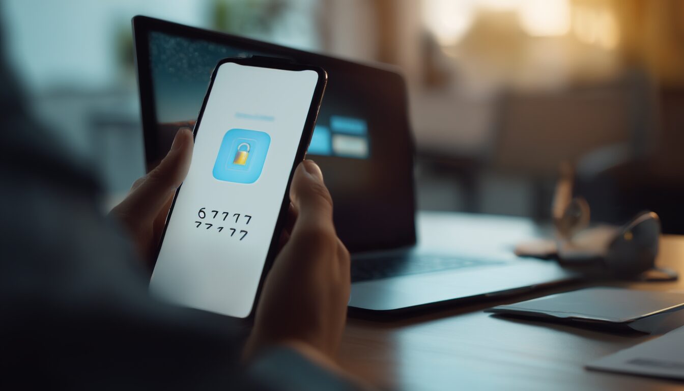 Smartphone mit sechsstelligem Bestätigungscode vor einem Laptop mit Anmeldebildschirm