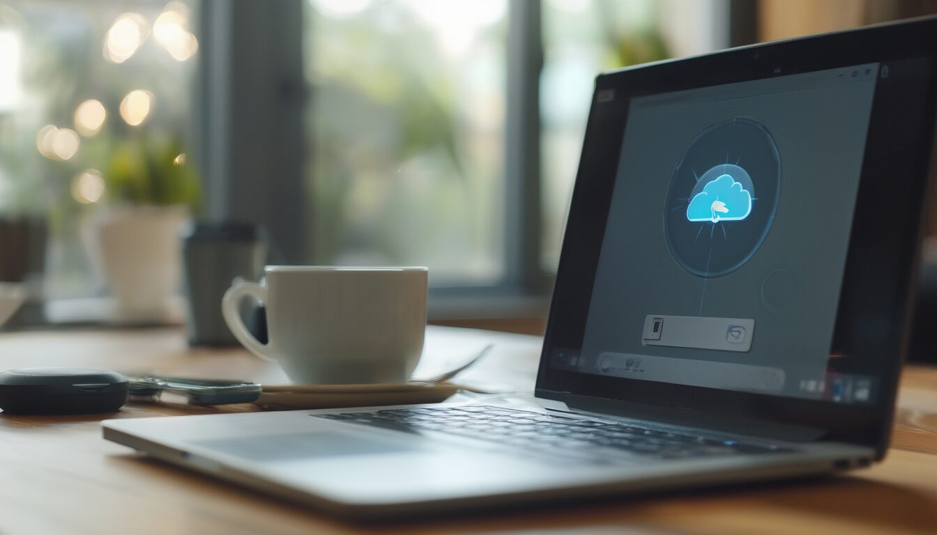 Laptop auf Schreibtisch mit Datei-Manager und Cloud-Synchronisierungs-Symbol