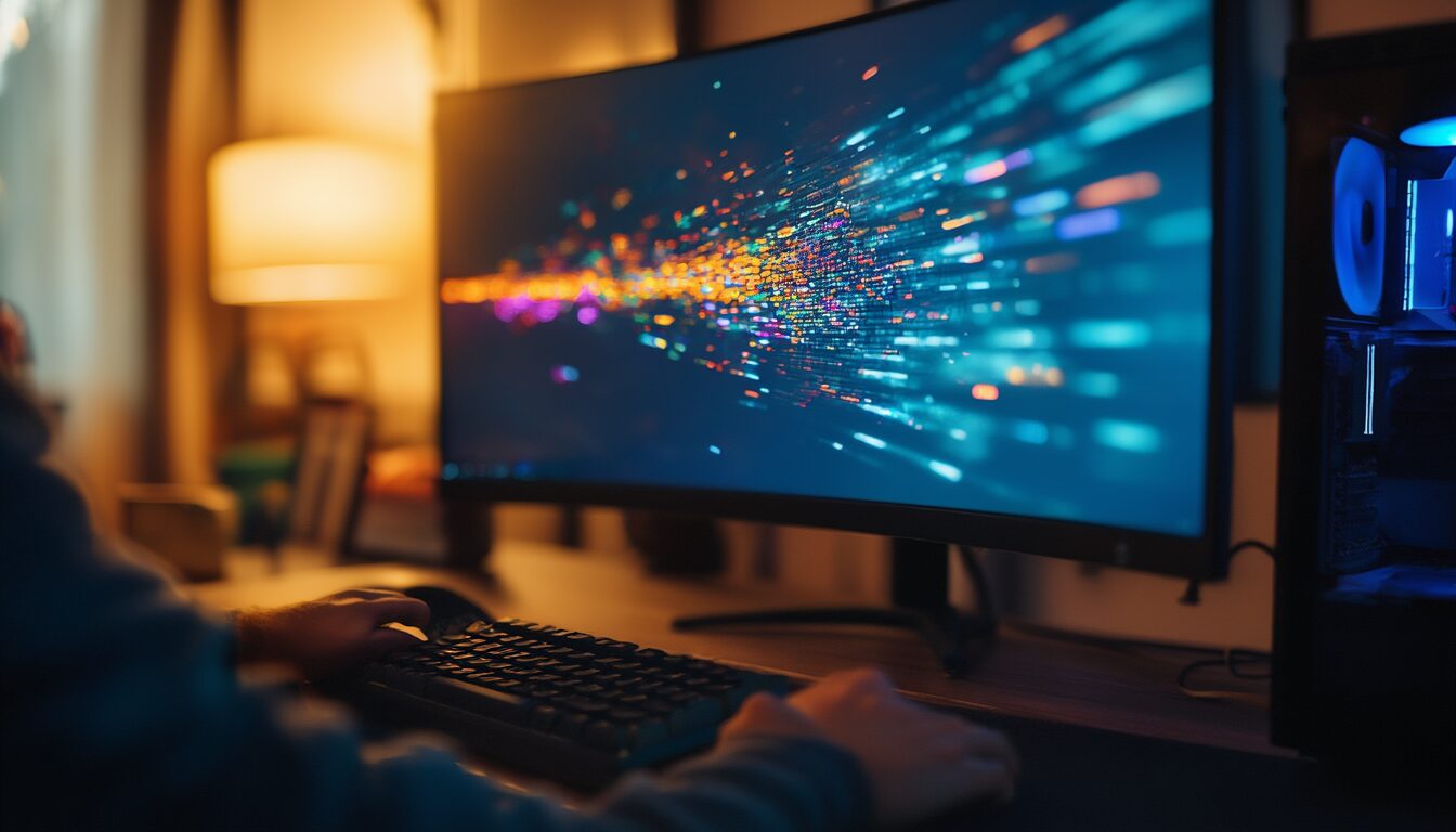 Gaming-Monitor mit Grafikfehlern und farbigen Bildartefakten, im Vordergrund Hände an einer Tastatur