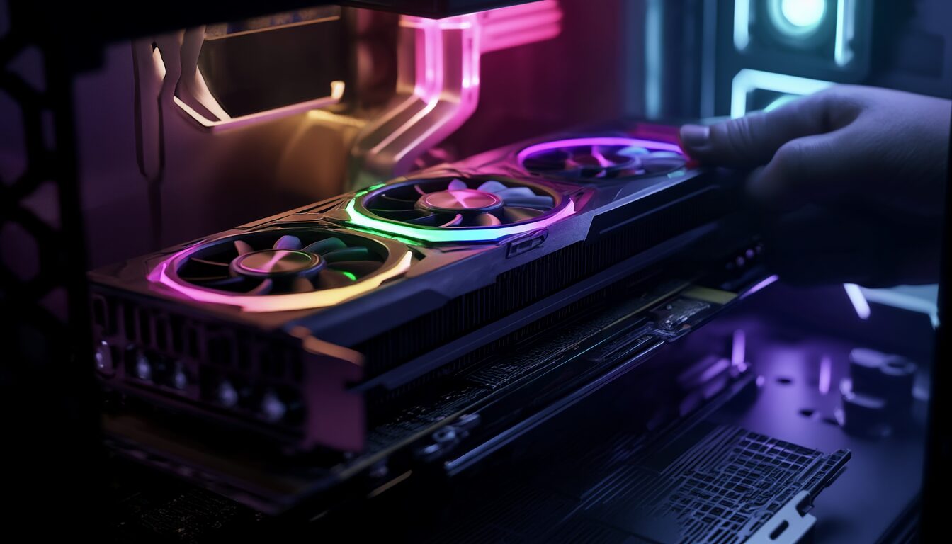 Moderne Grafikkarte wird in den PCIe-Steckplatz eines Mainboards in einem offenen PC-Gehäuse eingesetzt