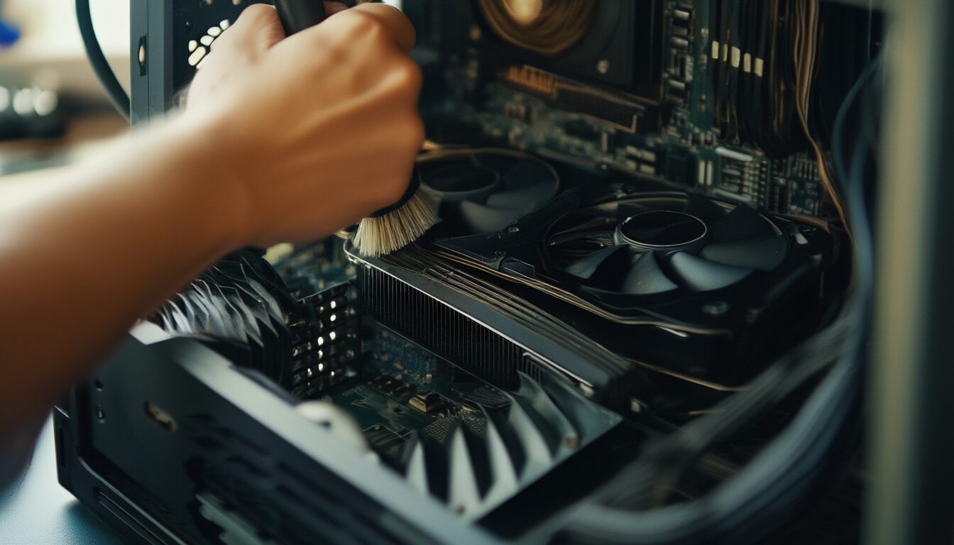 Grafikkartenlüfter und Kühlkörper einer Grafikkarte werden im offenen PC-Gehäuse von Staub gereinigt