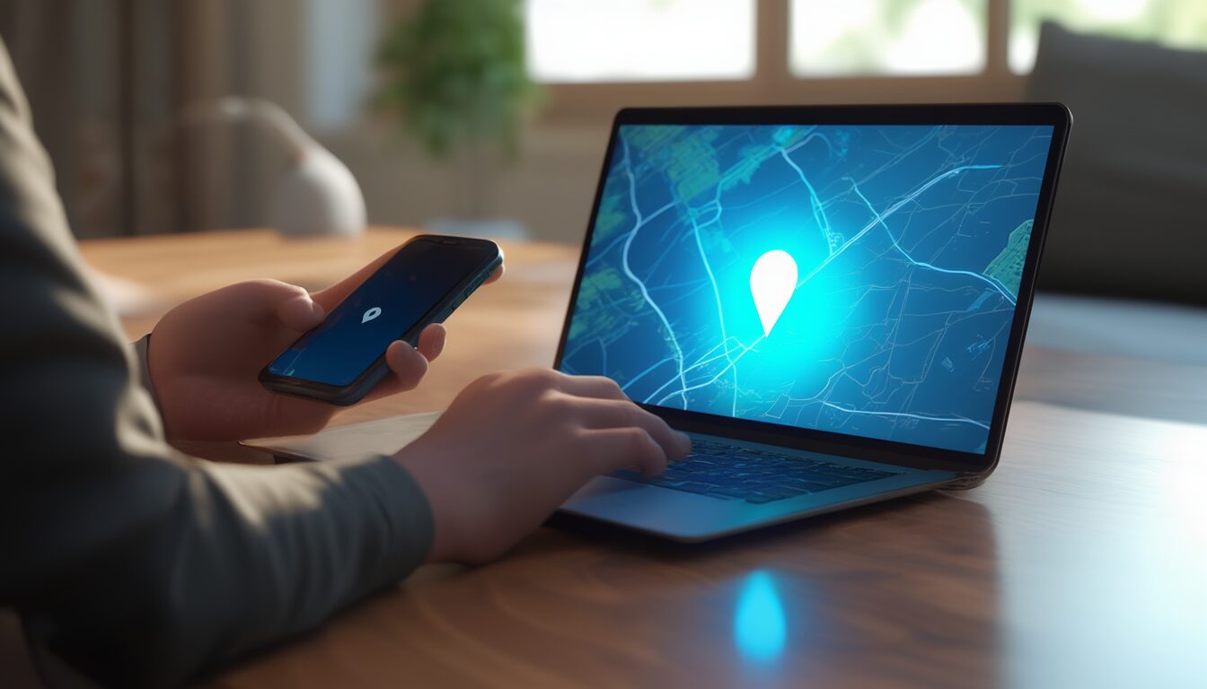 Person ortet ein verlorenes Smartphone über eine Karte auf dem Laptop