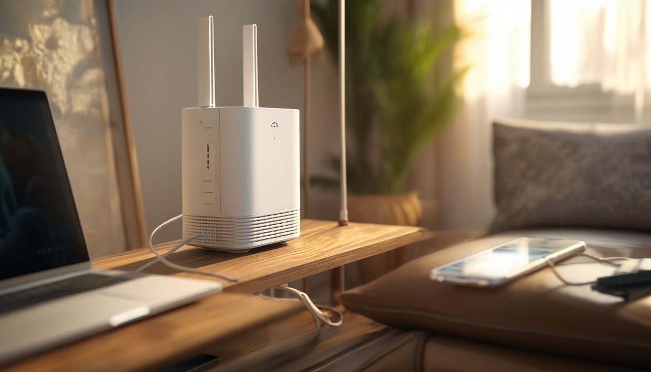 Moderner WLAN-Mesh-Router im hellen Wohnzimmer mit verbundenem Laptop und Smartphone