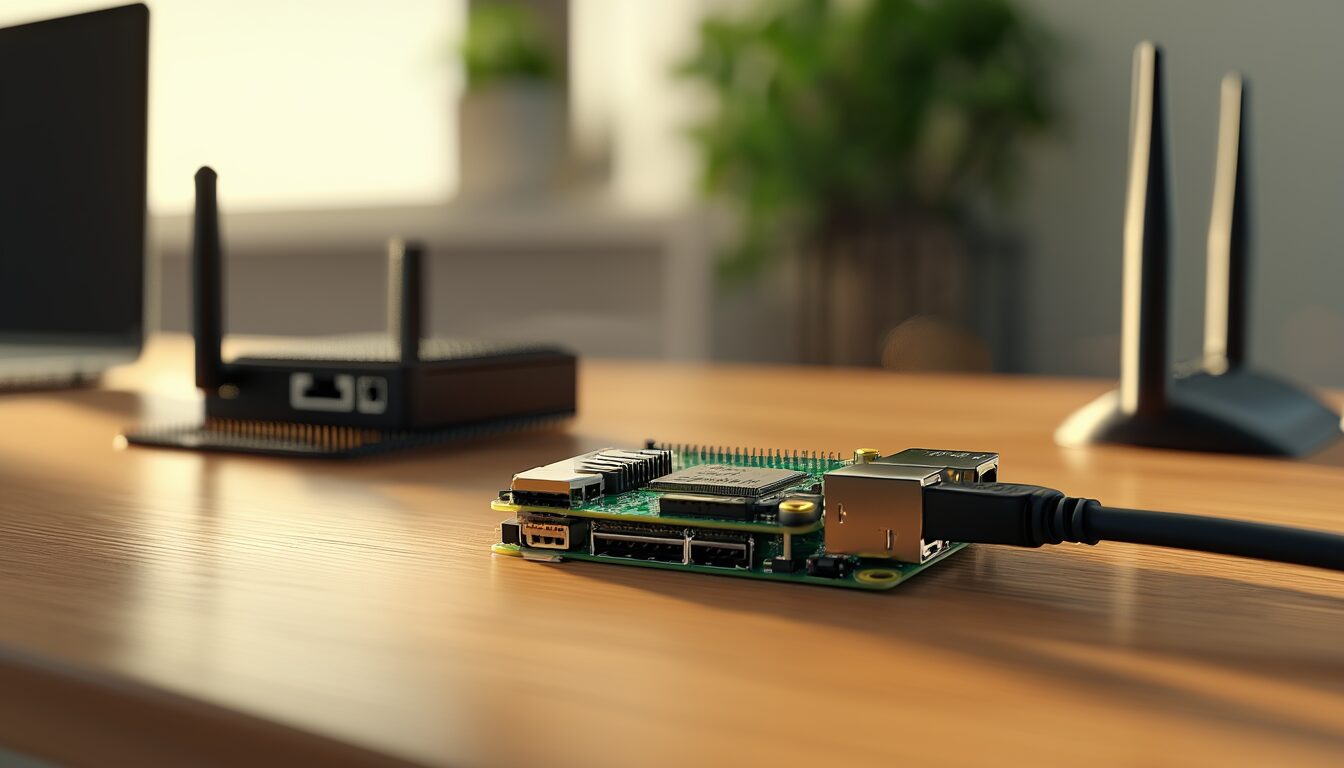 Heimnetzwerk mit Raspberry Pi einrichten (Anleitung 2026) 1 Raspberry Pi 5 mit Ethernet-Kabel und Kühlkörper auf einem Schreibtisch, im Hintergrund Netzwerk-Switch und Router als Heimnetzwerk-Aufbau