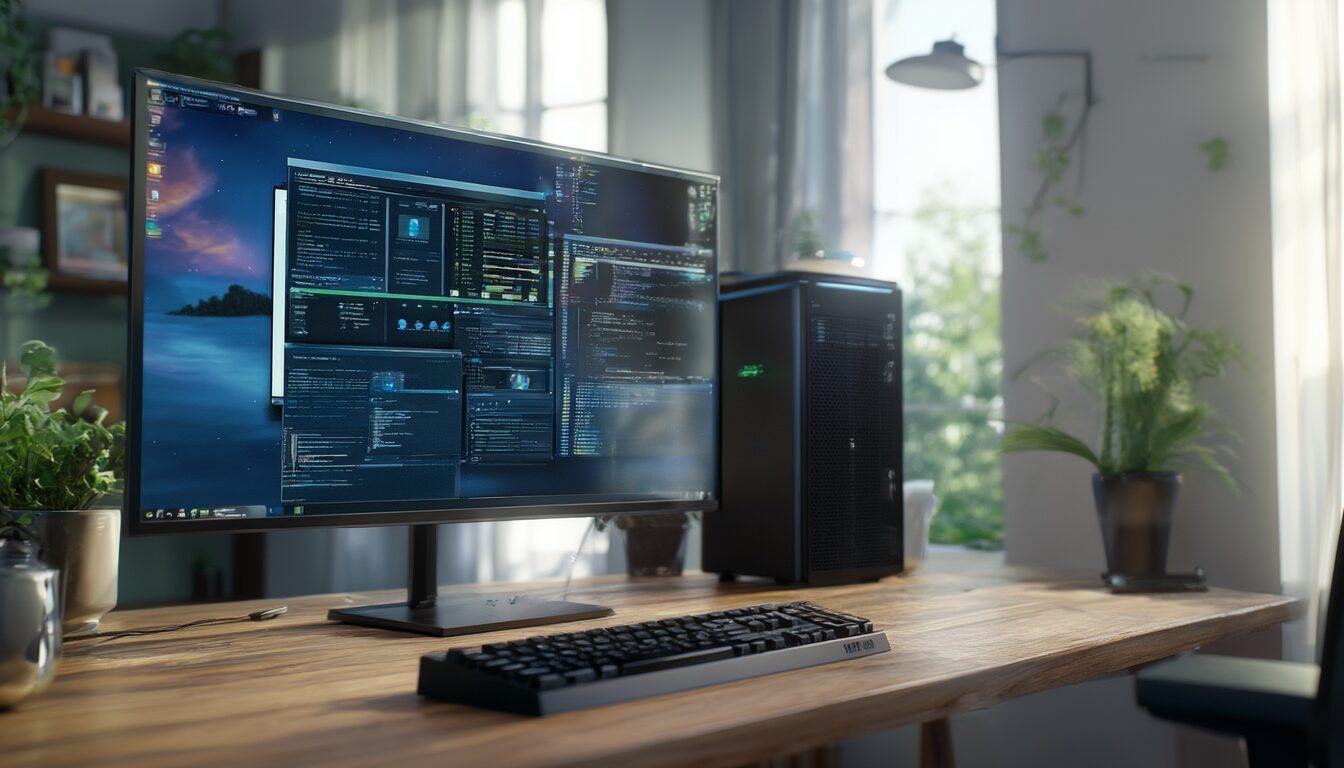 Monitor auf einem Schreibtisch zeigt mehrere parallel laufende virtuelle Maschinen neben einem kleinen Server-Tower