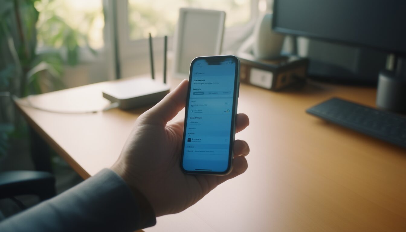 iPhone in der Hand zeigt den iCloud-Backup-Einstellungsbildschirm, im Hintergrund ein angeschlossenes Ladekabel