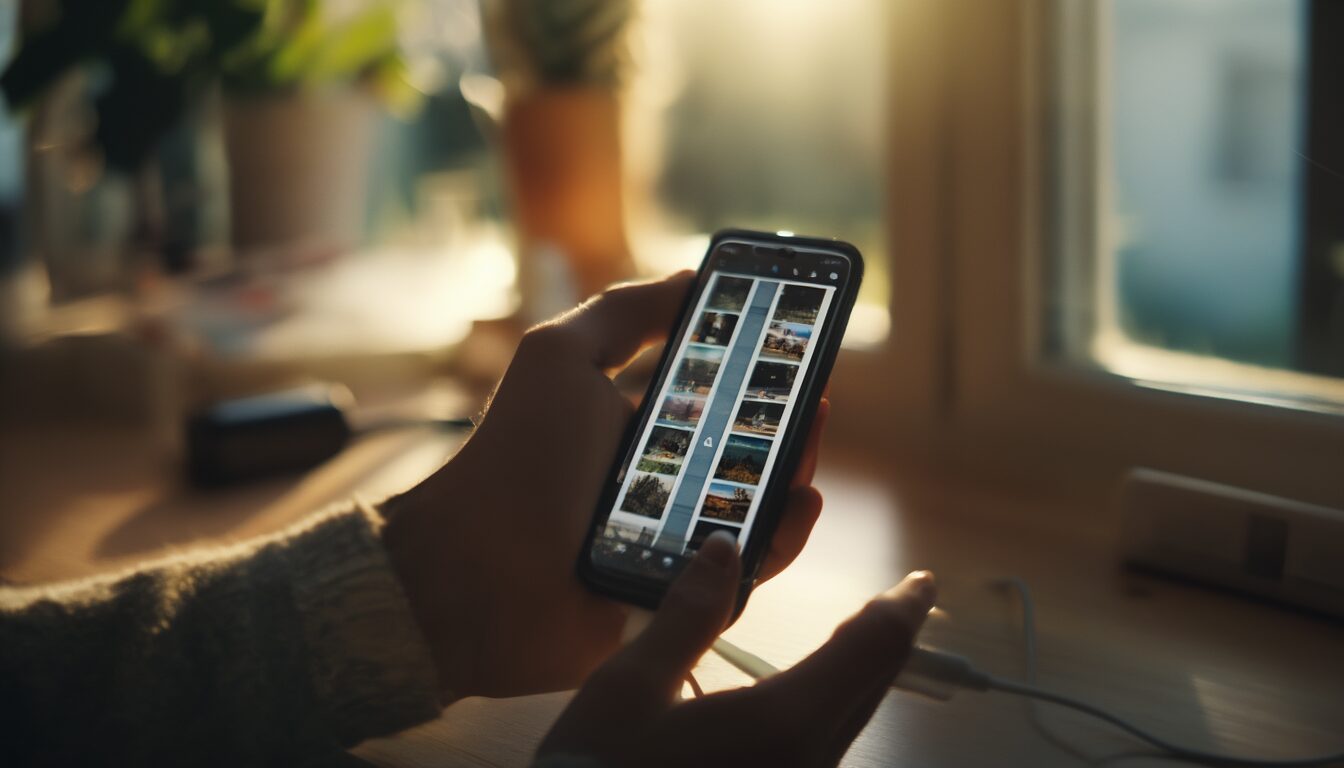 Hand hält ein iPhone mit geöffneter Fotos-App und Synchronisierungsanzeige, im Hintergrund ein Ladekabel