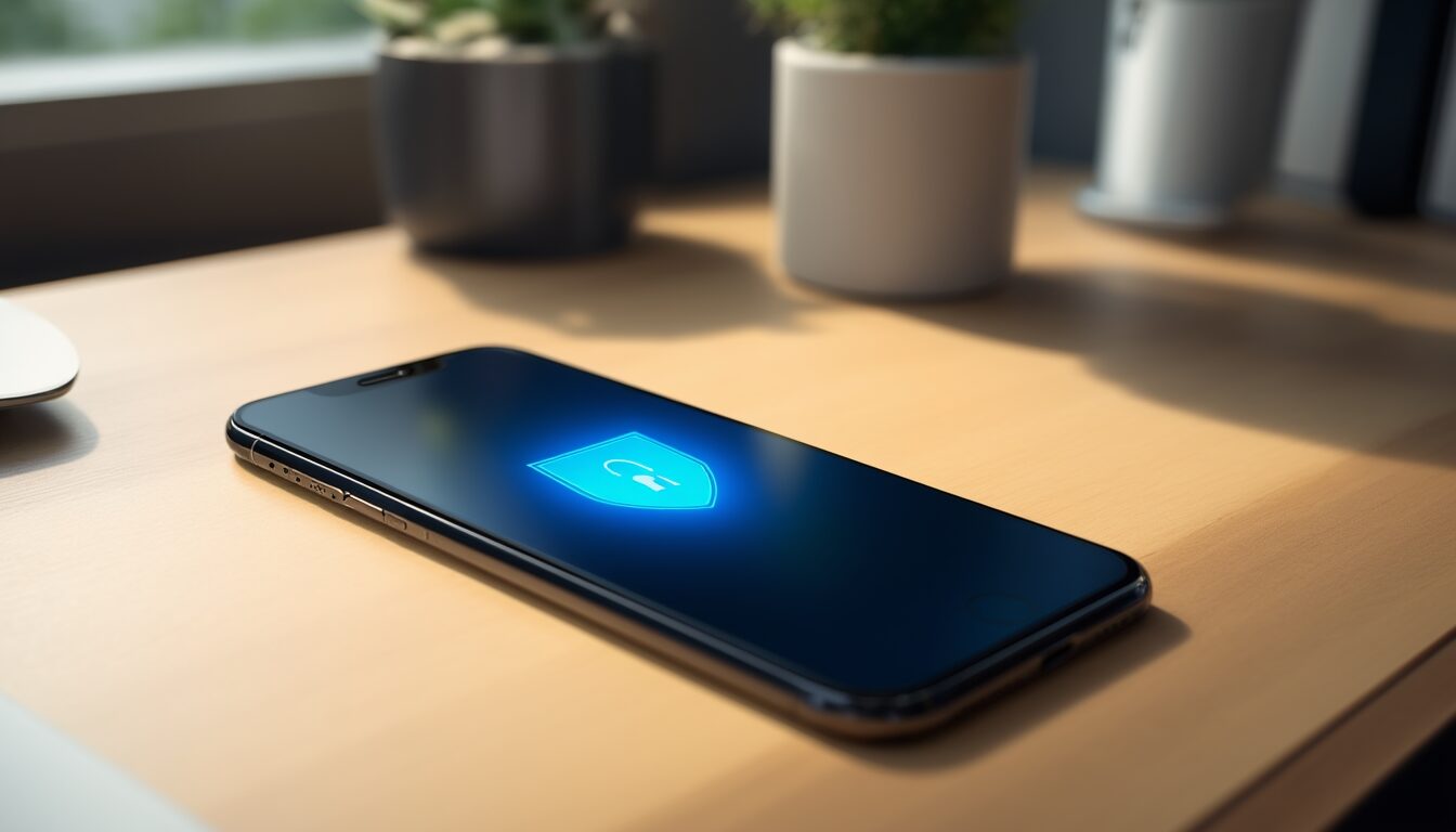 iPhone auf einem Schreibtisch zeigt ein Schloss-Symbol als Sinnbild fuer iCloud-Sicherheit