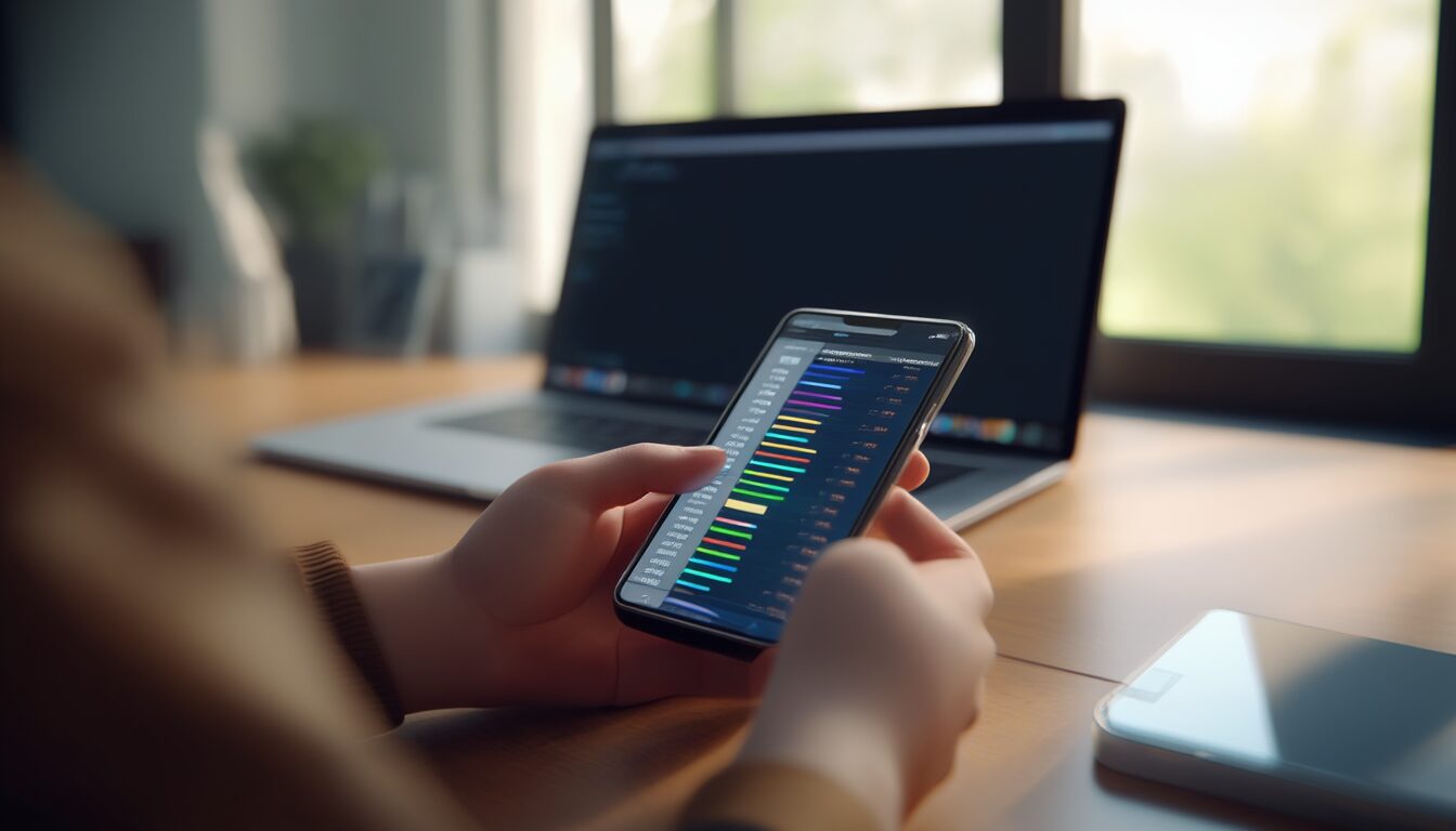 Hände halten ein Smartphone mit geöffneter Cloud-Speicherübersicht am Schreibtisch