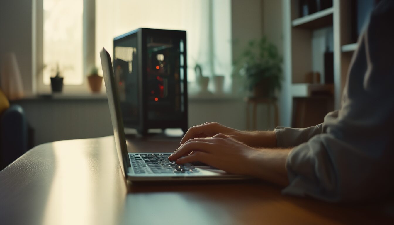 Person behebt an einem Windows-Laptop am Schreibtisch einen Systemfehler