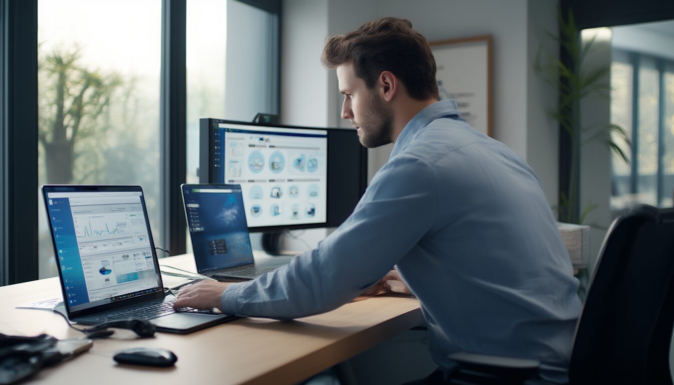IT-Administrator richtet an einem Schreibtisch ein Windows-Notebook für die Intune-Geräteverwaltung ein