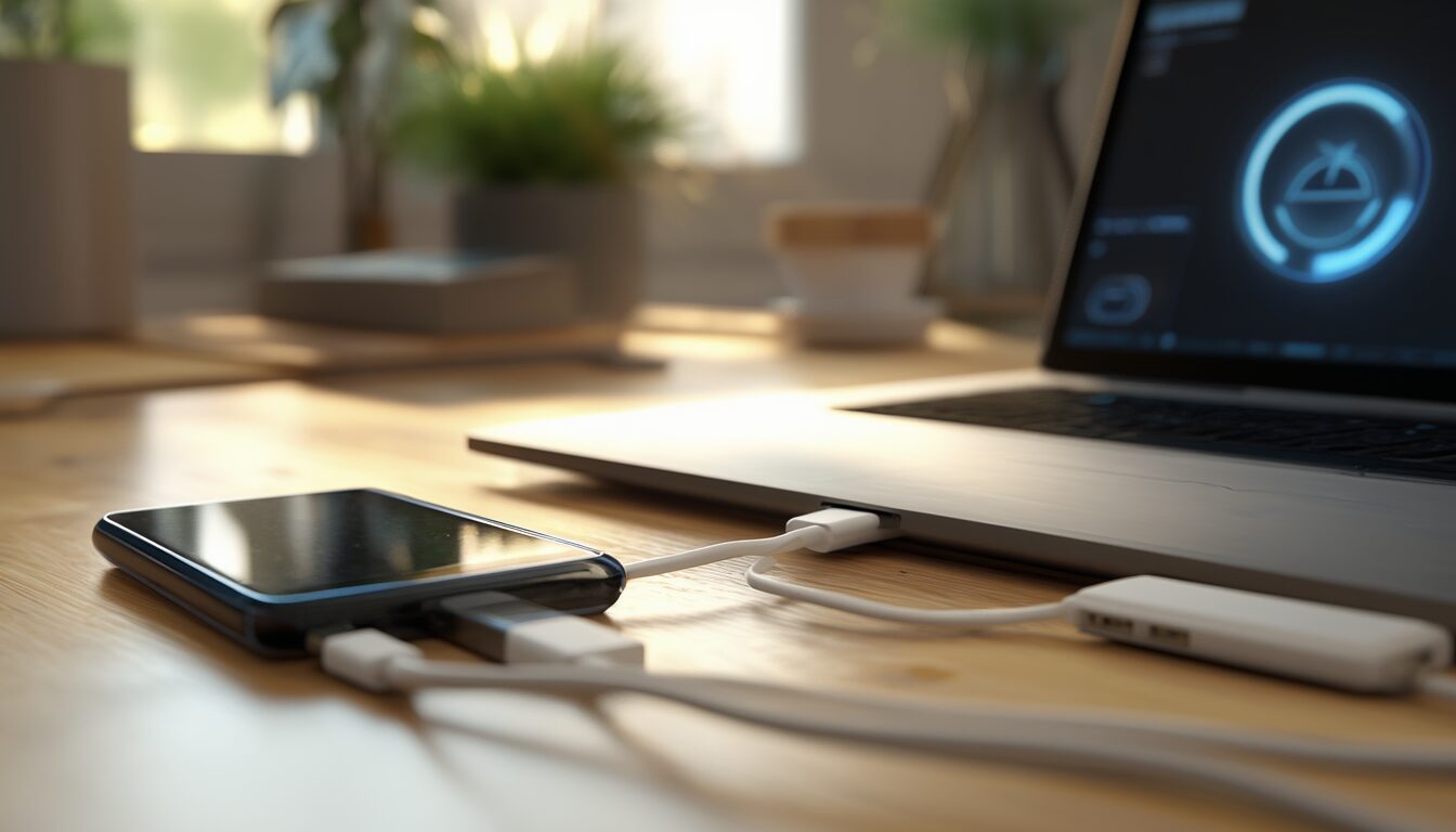 iPhone per USB-Kabel mit einem Windows-Laptop verbunden, um ein lokales Backup zu erstellen