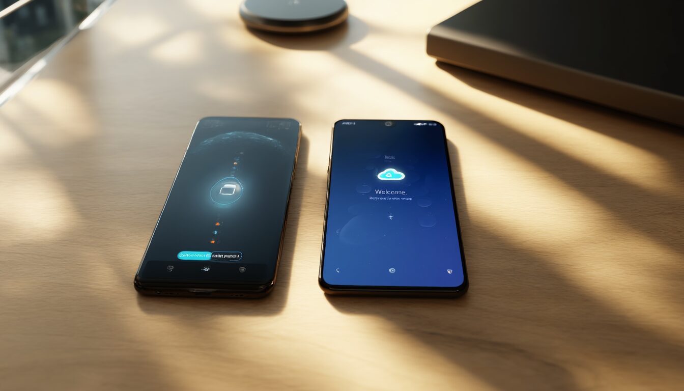Zwei iPhones liegen nebeneinander auf einem Schreibtisch und übertragen per Schnellstart die Daten