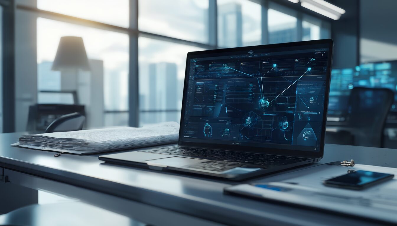 Schreibtisch mit Laptop, Aktenordner, Schlüssel und Smartphone als Sinnbild für IT-Sicherheit und Informationssicherheit