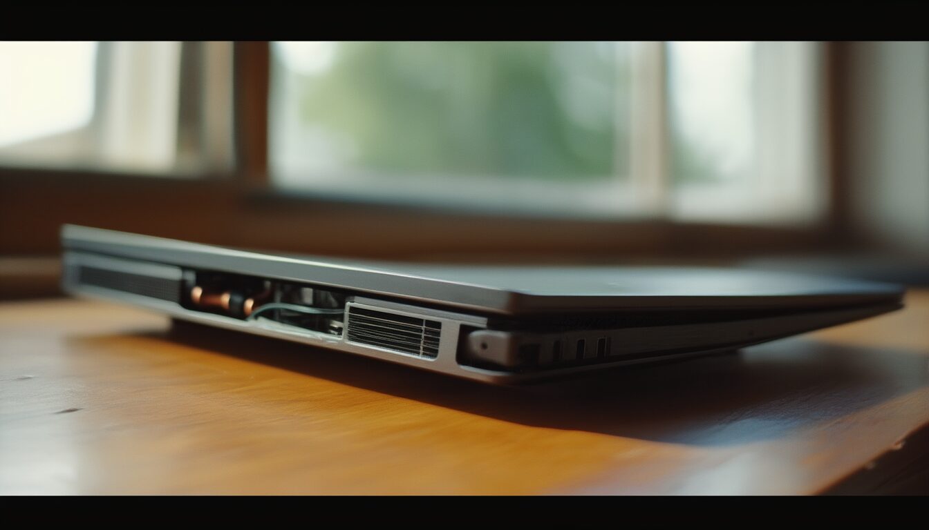 Laptop wird mit Druckluftspray an den Lüftungsschlitzen gereinigt, um Überhitzung zu vermeiden