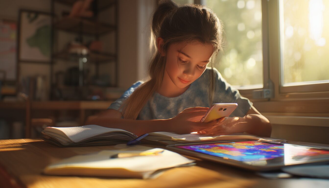 Schüler lernt am Schreibtisch mit einer Lern-App auf dem Smartphone, daneben Tablet und Hefte