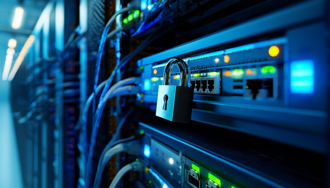 Server-Rack im Rechenzentrum mit Vorhängeschloss als Symbol für Linux-Sicherheit und Systemhärtung