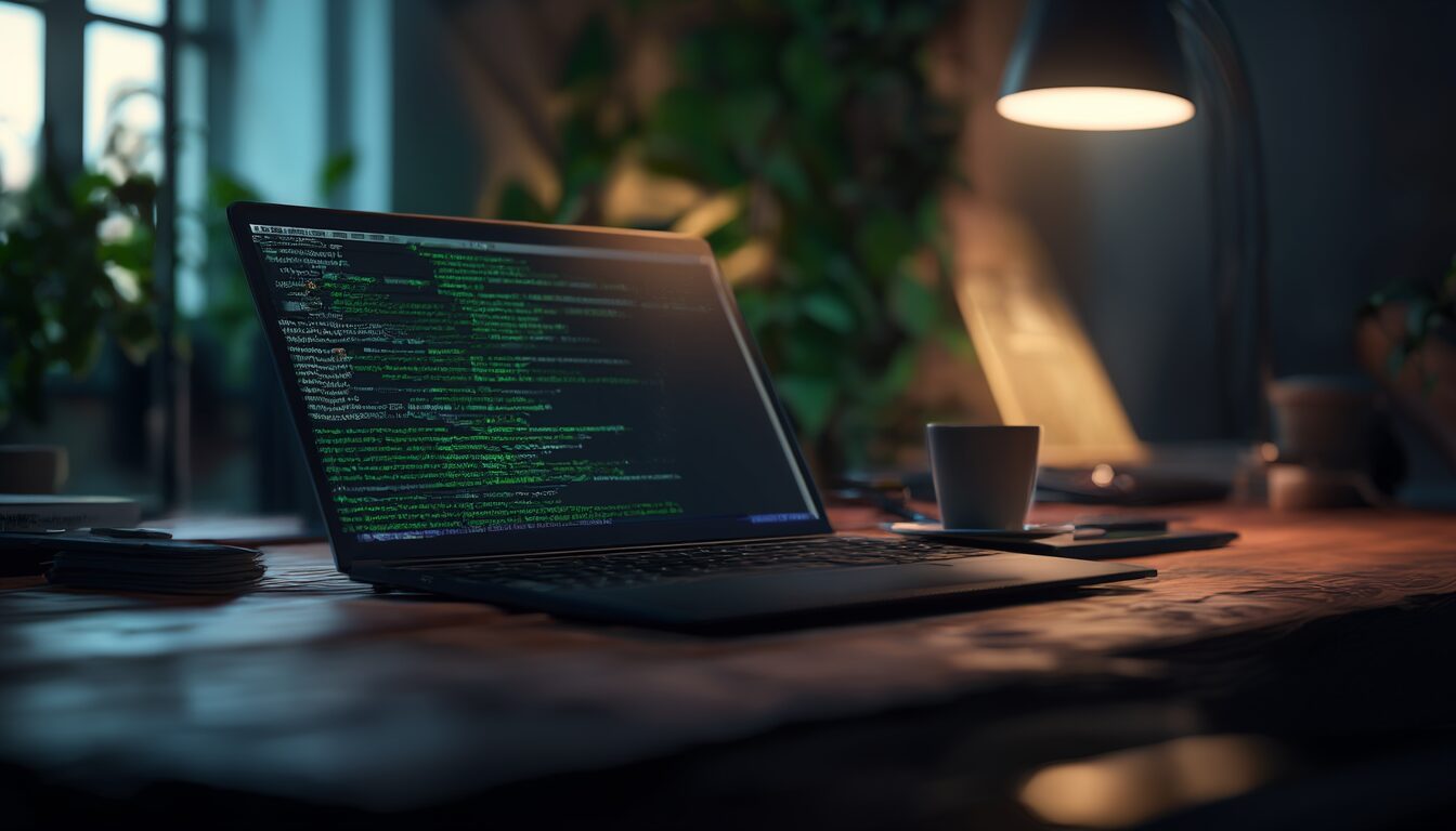 Laptop mit geöffnetem Linux-Terminal und Shell-Code auf dem Schreibtisch eines Entwicklers