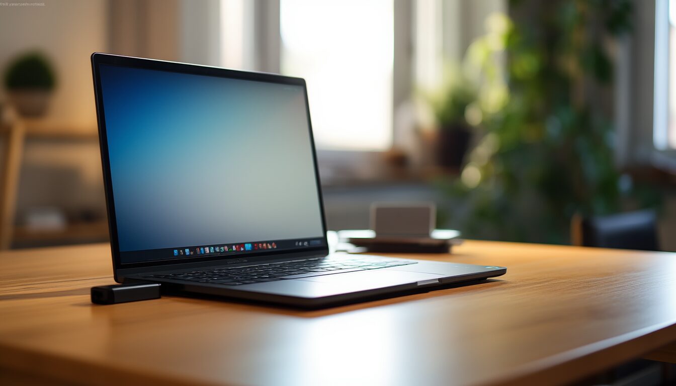 Laptop mit Linux-Desktop und eingestecktem USB-Stick auf einem Holzschreibtisch