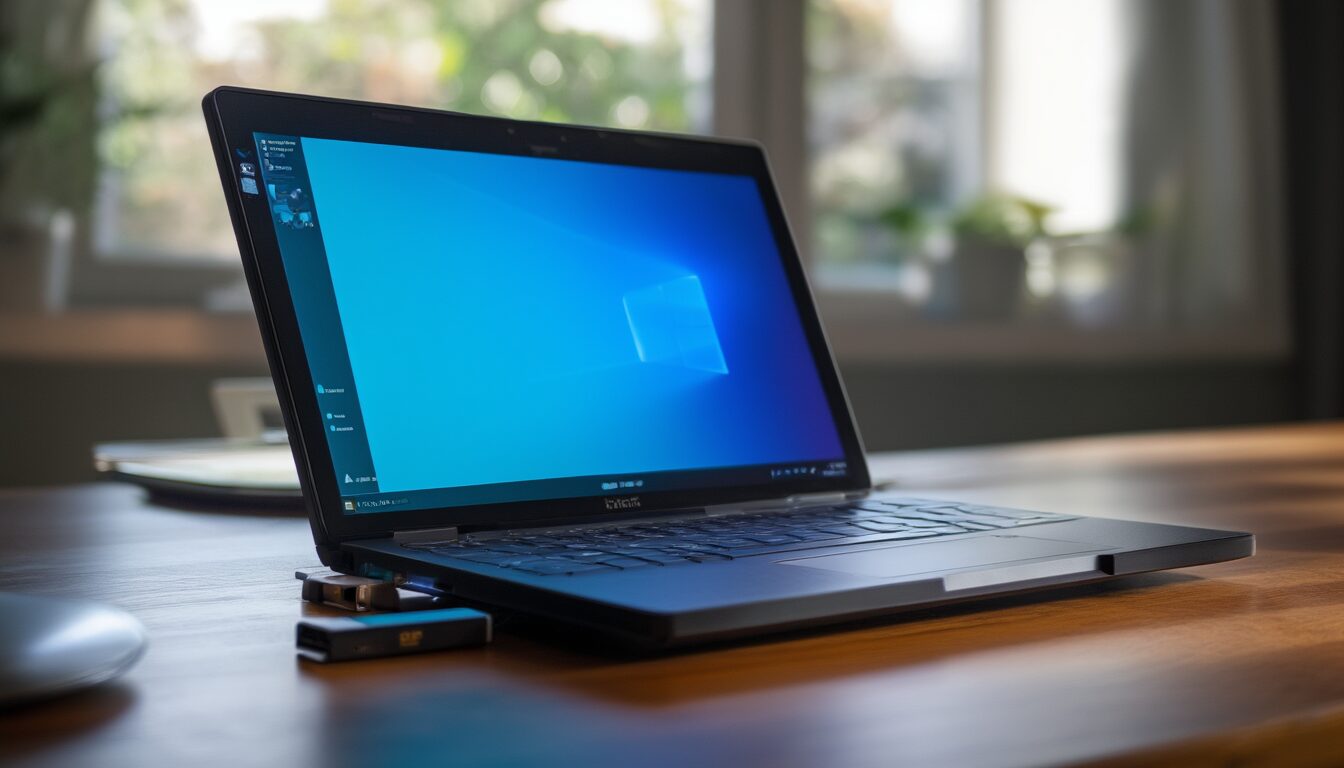 Laptop mit installiertem Linux-Desktop und eingestecktem USB-Stick auf einem Schreibtisch
