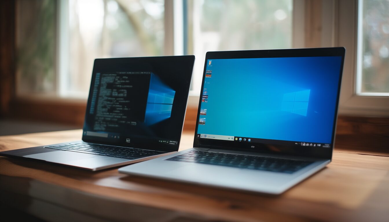 Zwei Laptops nebeneinander auf einem Schreibtisch zeigen Linux und Windows im direkten Vergleich