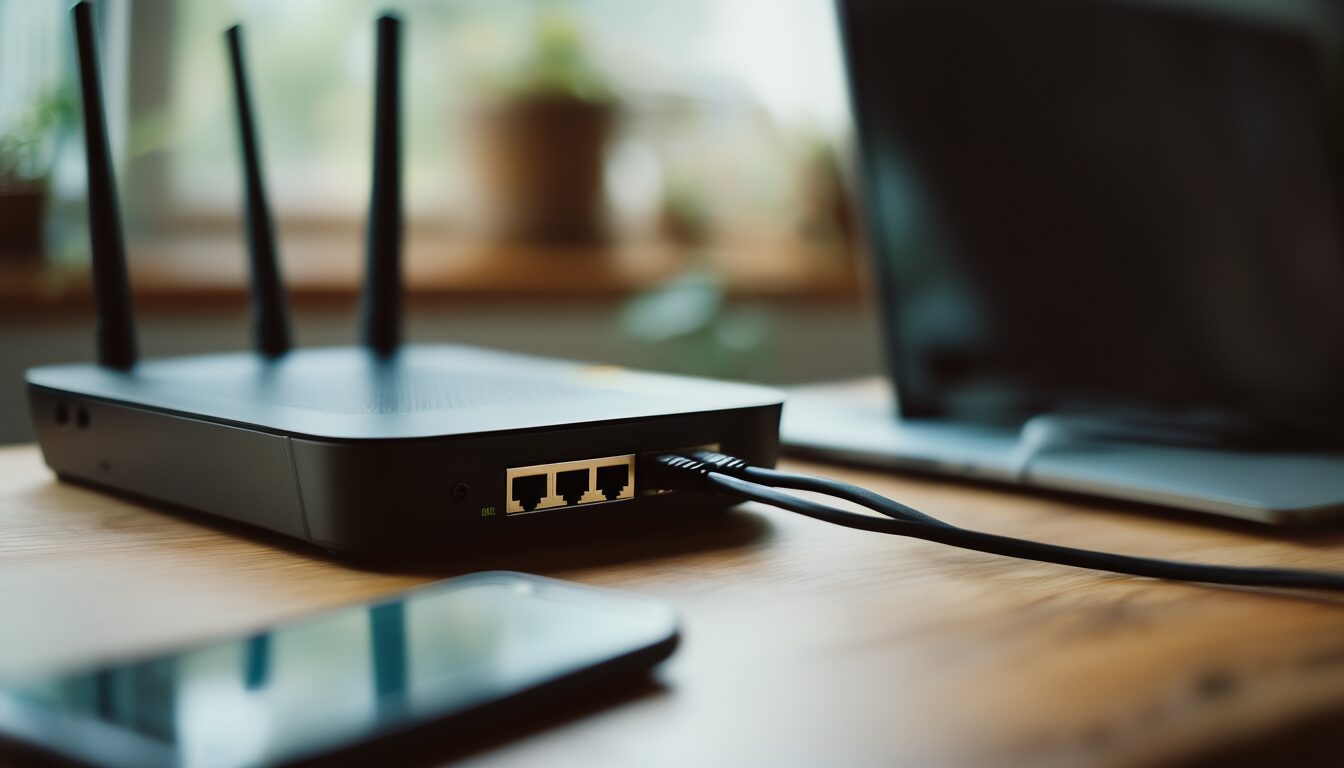 Heimnetz-Router mit Ethernet-Kabel, Laptop und Smartphone auf einem Schreibtisch