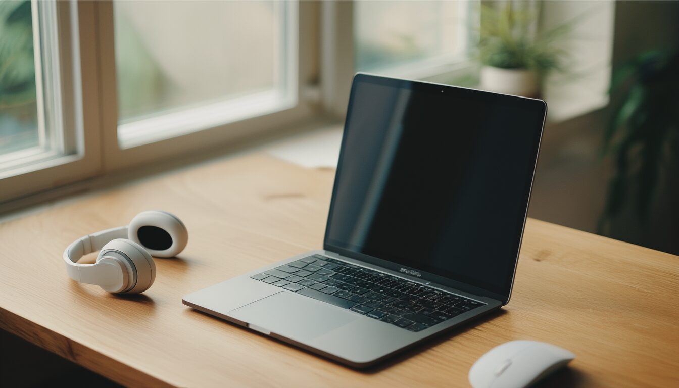MacBook mit kabellosen Kopfhörern und Bluetooth-Maus auf einem Schreibtisch