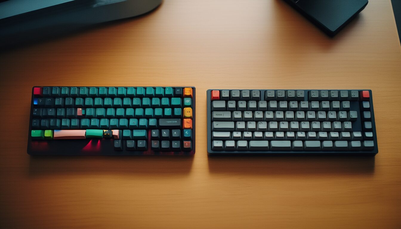 Mechanische Tastatur mit sichtbaren Schaltern neben einer flachen Membran-Tastatur auf einem Holzschreibtisch im Vergleich