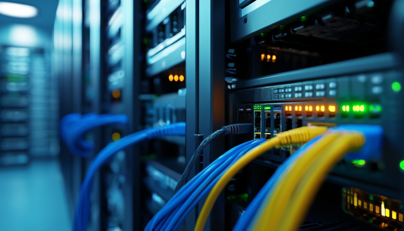Netzwerk-Appliance im Serverschrank mit Status-LEDs und Ethernet-Verkabelung als Symbol für einen VPN-Tunnel