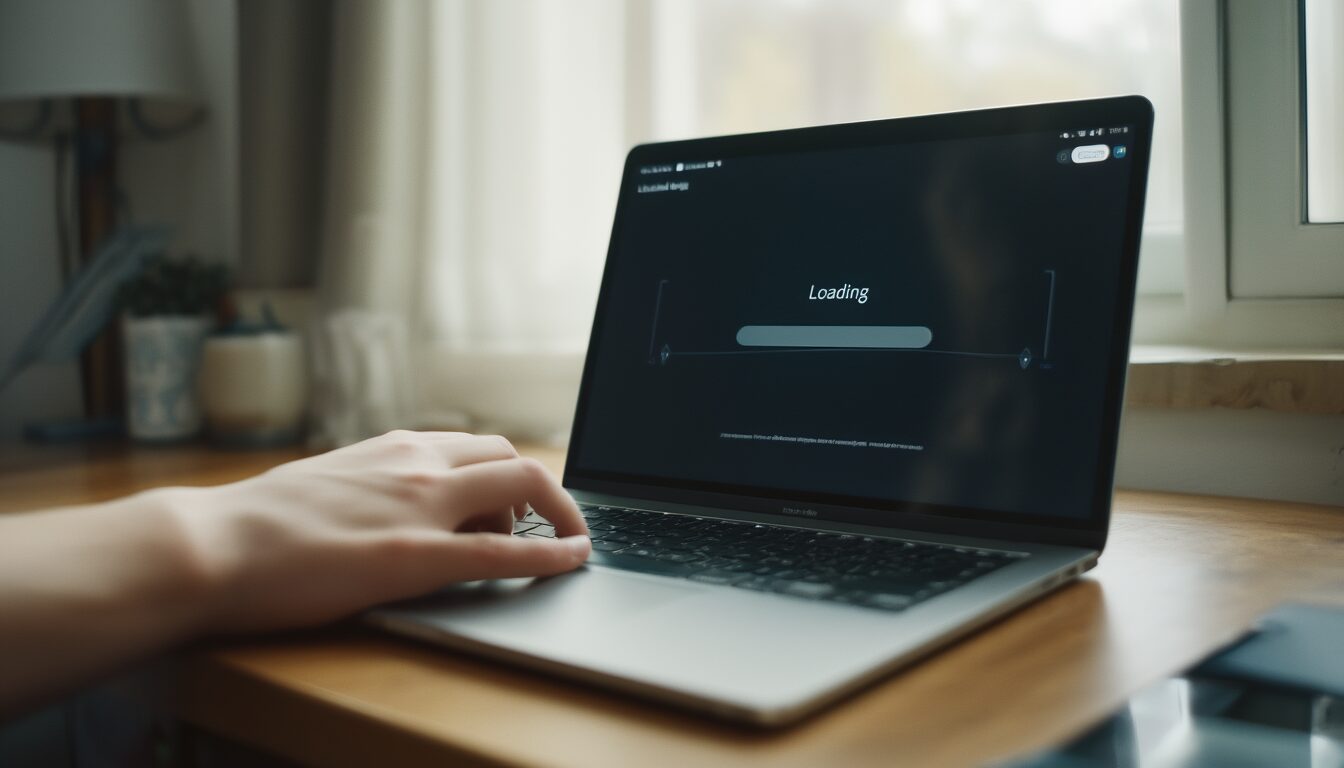 Laptop auf einem Schreibtisch zeigt eine hängende App-Store-Oberfläche, eine Hand liegt am Trackpad